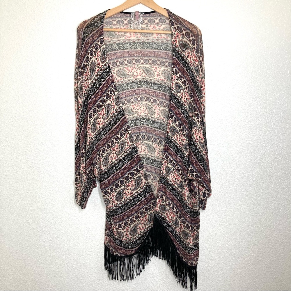 Mauve Anthropology Paisley Kimono Cardigan Medium Fringe Open Front Boho Brown